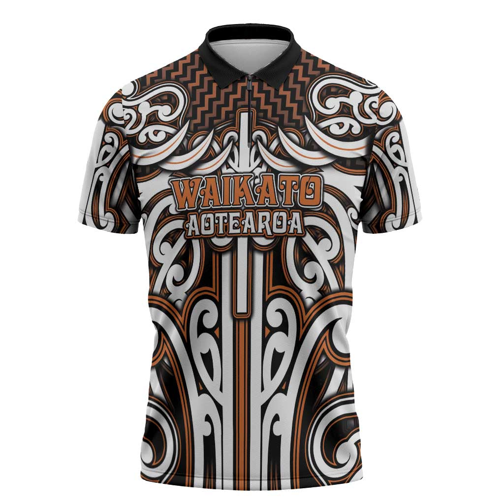 Custom Aotearoa Waikato Zipper Polo Shirt Maori Tribal Pattern Mix Poutama