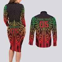 Custom Aotearoa Tuhoe Couples Matching Long Sleeve Bodycon Dress and Long Sleeve Button Shirt Maori Tribal Pattern Mix Poutama