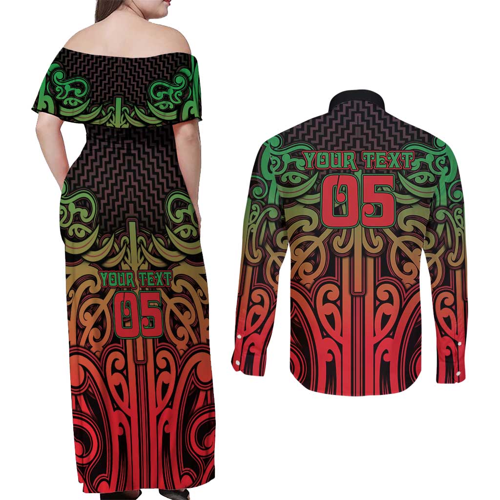 Custom Aotearoa Tuhoe Couples Matching Off Shoulder Maxi Dress and Long Sleeve Button Shirt Maori Tribal Pattern Mix Poutama