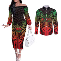Custom Aotearoa Tuhoe Couples Matching Off The Shoulder Long Sleeve Dress and Long Sleeve Button Shirt Maori Tribal Pattern Mix Poutama