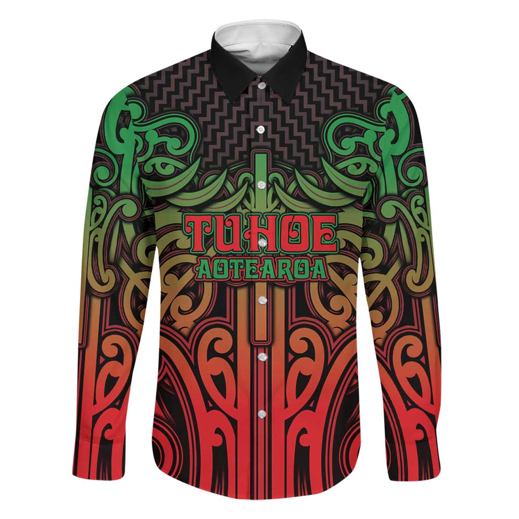 Custom Aotearoa Tuhoe Family Matching Off Shoulder Short Dress and Hawaiian Shirt Maori Tribal Pattern Mix Poutama LT05 Dad's Shirt - Long Sleeve Black - Polynesian Pride