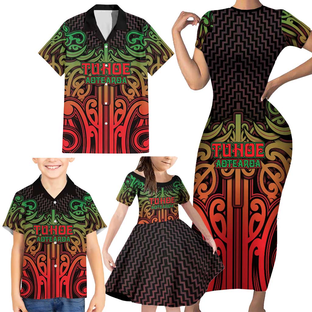 Custom Aotearoa Tuhoe Family Matching Short Sleeve Bodycon Dress and Hawaiian Shirt Maori Tribal Pattern Mix Poutama LT05 - Polynesian Pride
