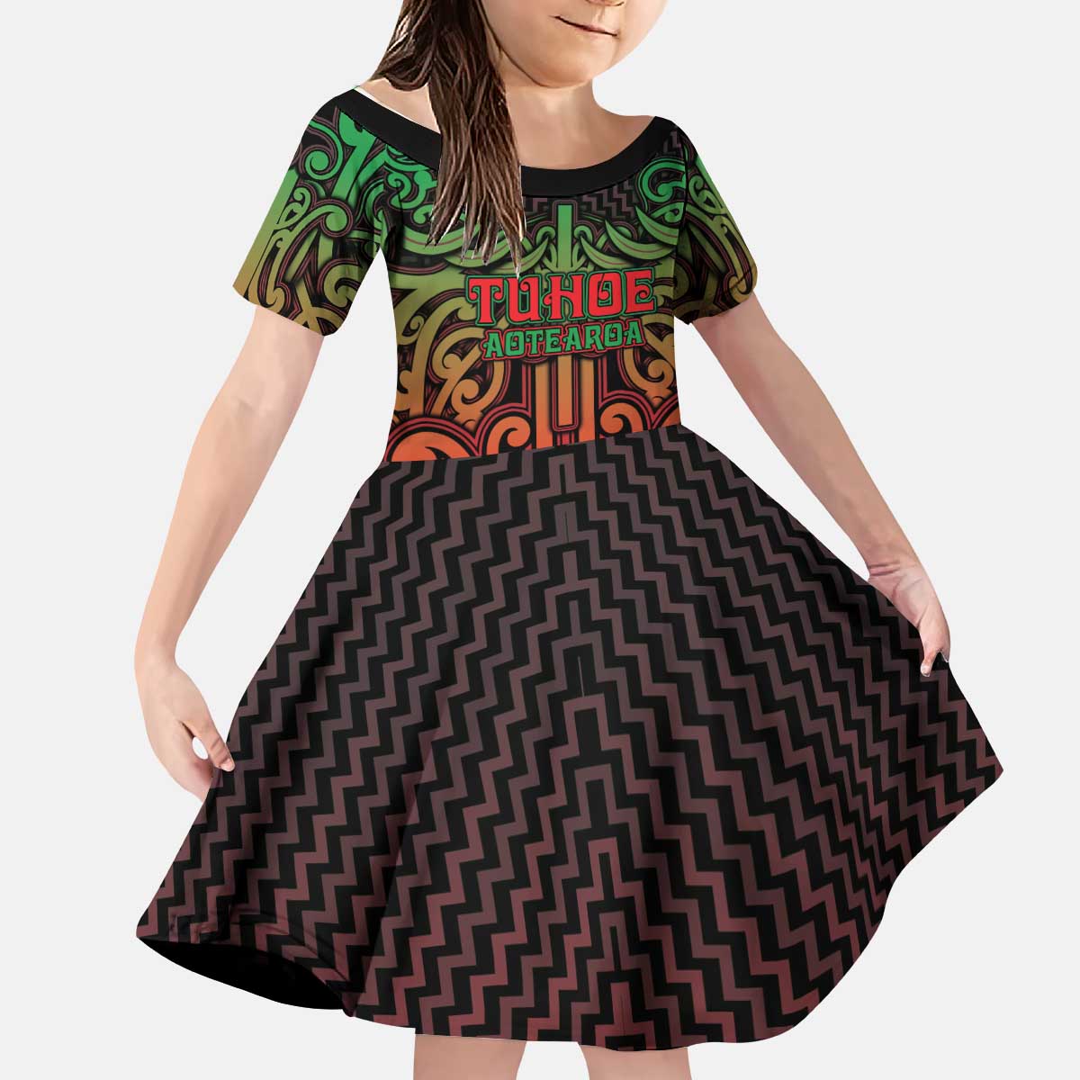 Custom Aotearoa Tuhoe Kid Short Sleeve Dress Maori Tribal Pattern Mix Poutama