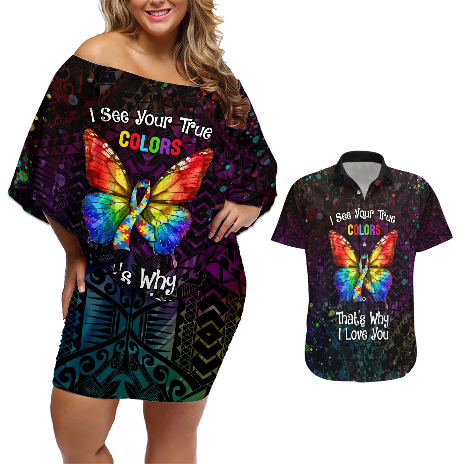 I See Your True Colors Personalised Couples Matching Off Shoulder Short Dress and Hawaiian Shirt Autism Awareness