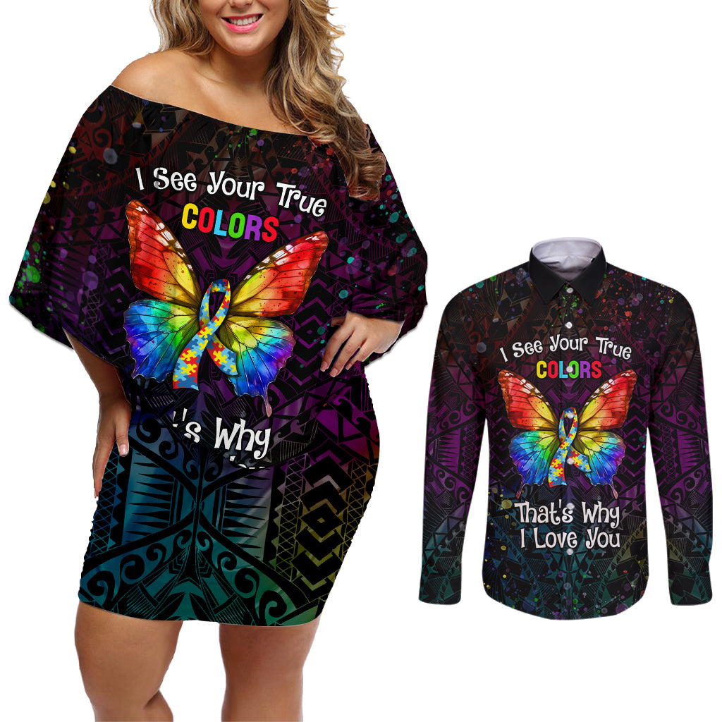 I See Your True Colors Personalised Couples Matching Off Shoulder Short Dress and Long Sleeve Button Shirt Autism Awareness