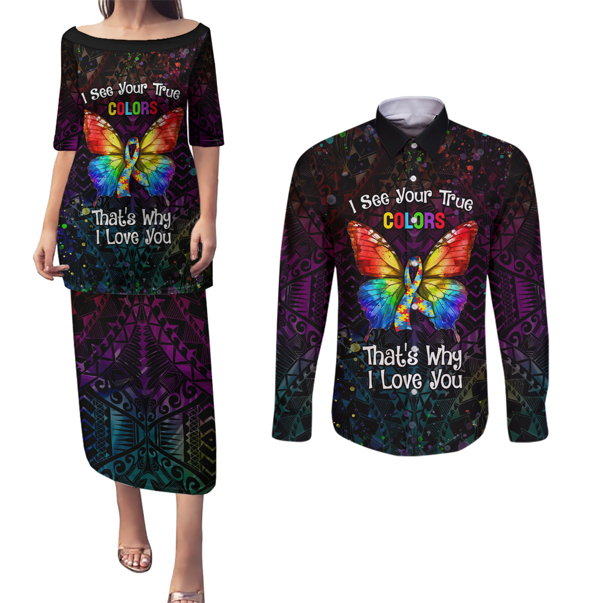 I See Your True Colors Personalised Couples Matching Puletasi and Long Sleeve Button Shirt Autism Awareness