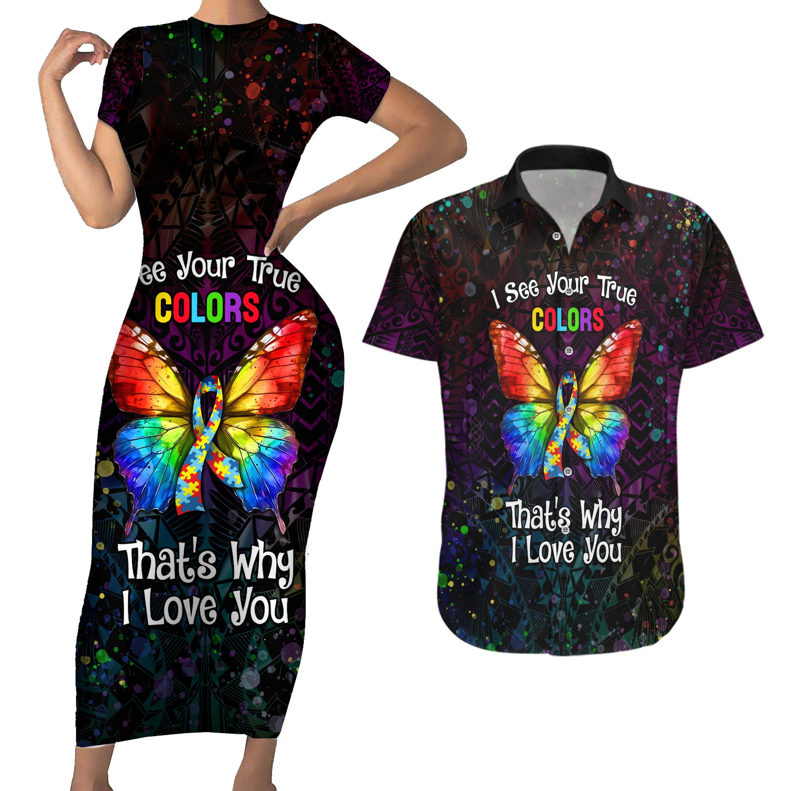 I See Your True Colors Personalised Couples Matching Short Sleeve Bodycon Dress and Hawaiian Shirt Autism Awareness