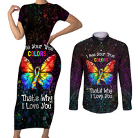 I See Your True Colors Personalised Couples Matching Short Sleeve Bodycon Dress and Long Sleeve Button Shirt Autism Awareness
