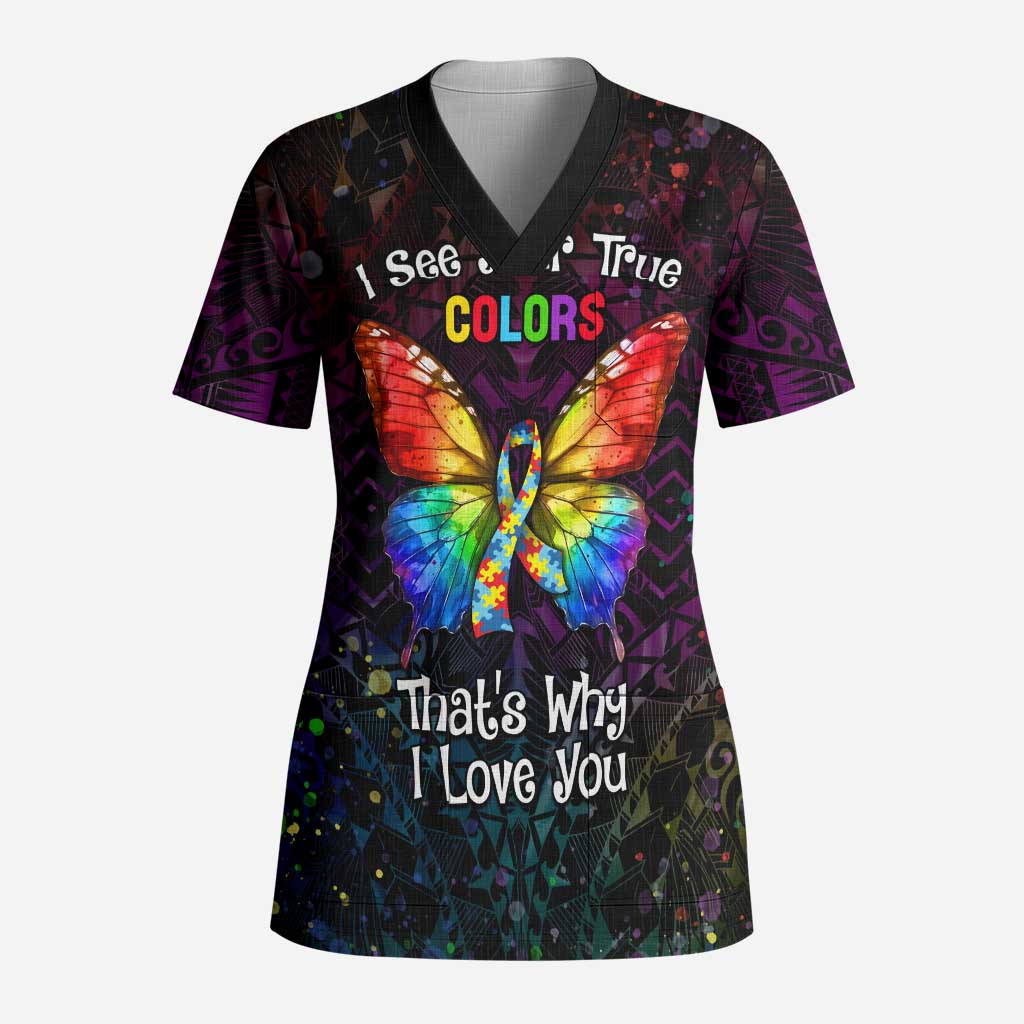 I See Your True Colors Personalised Scrub Top Autism Awareness - Polynesian Pride