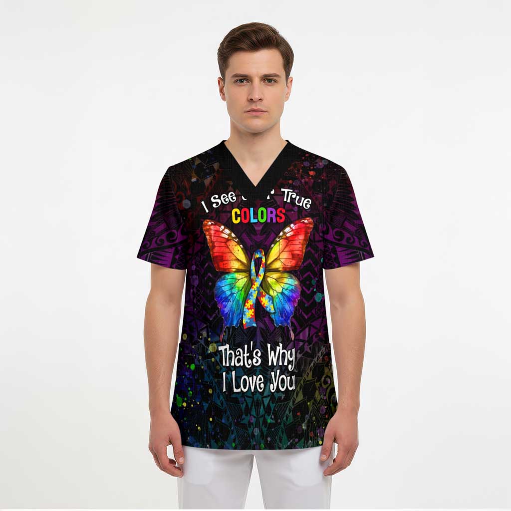I See Your True Colors Personalised Scrub Top Autism Awareness - Polynesian Pride