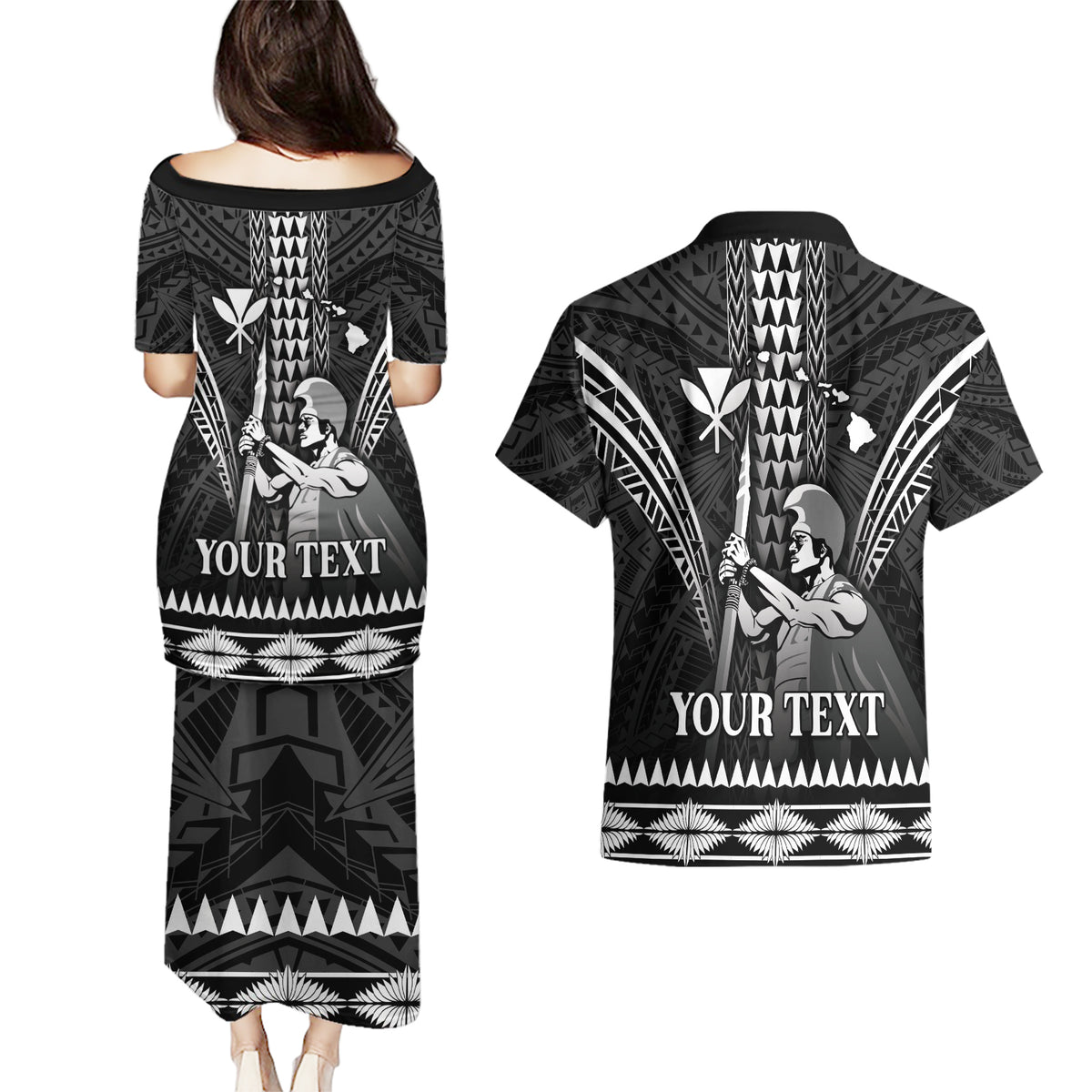 Personalised Hawaii Happy King Kamehameha Day Couples Matching Puletasi and Hawaiian Shirt Kakau Pattern