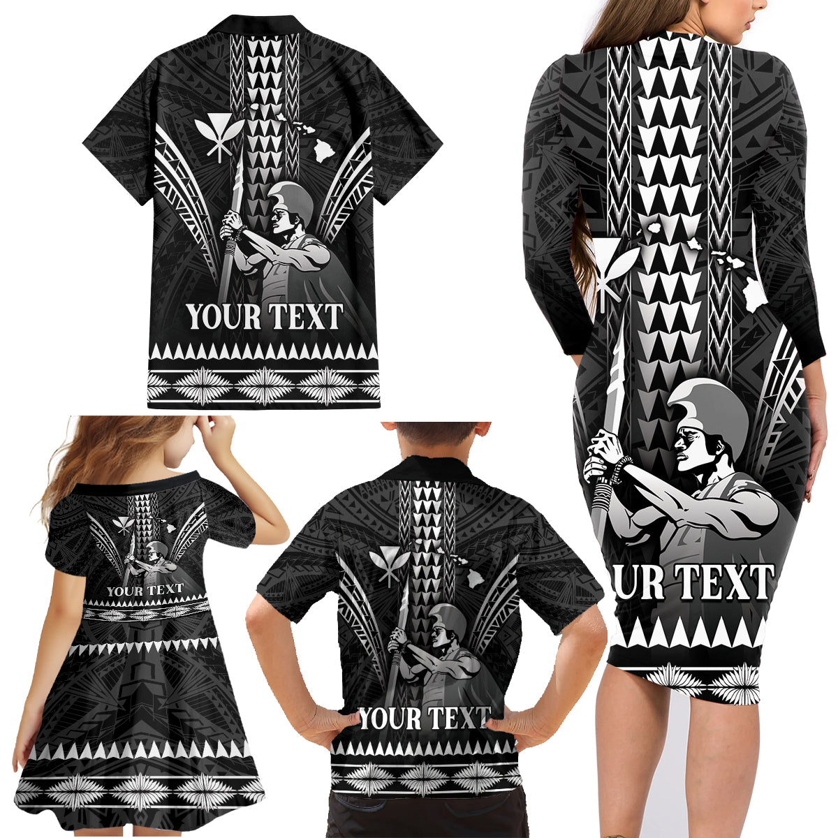 Personalised Hawaii Happy King Kamehameha Day Family Matching Long Sleeve Bodycon Dress and Hawaiian Shirt Kakau Pattern