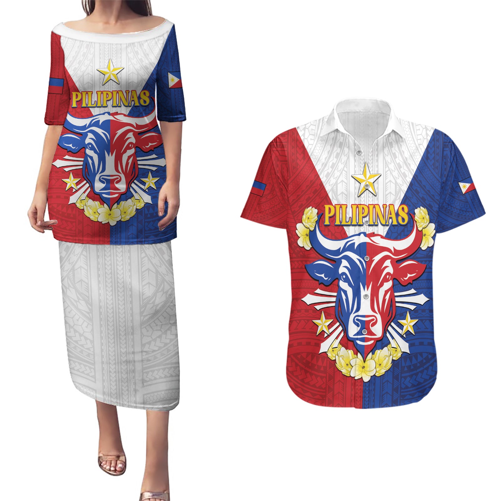 Personalised Philippines Independence Day Couples Matching Puletasi and Hawaiian Shirt Maligayang Araw ng Kalayaan Filipino Carabao