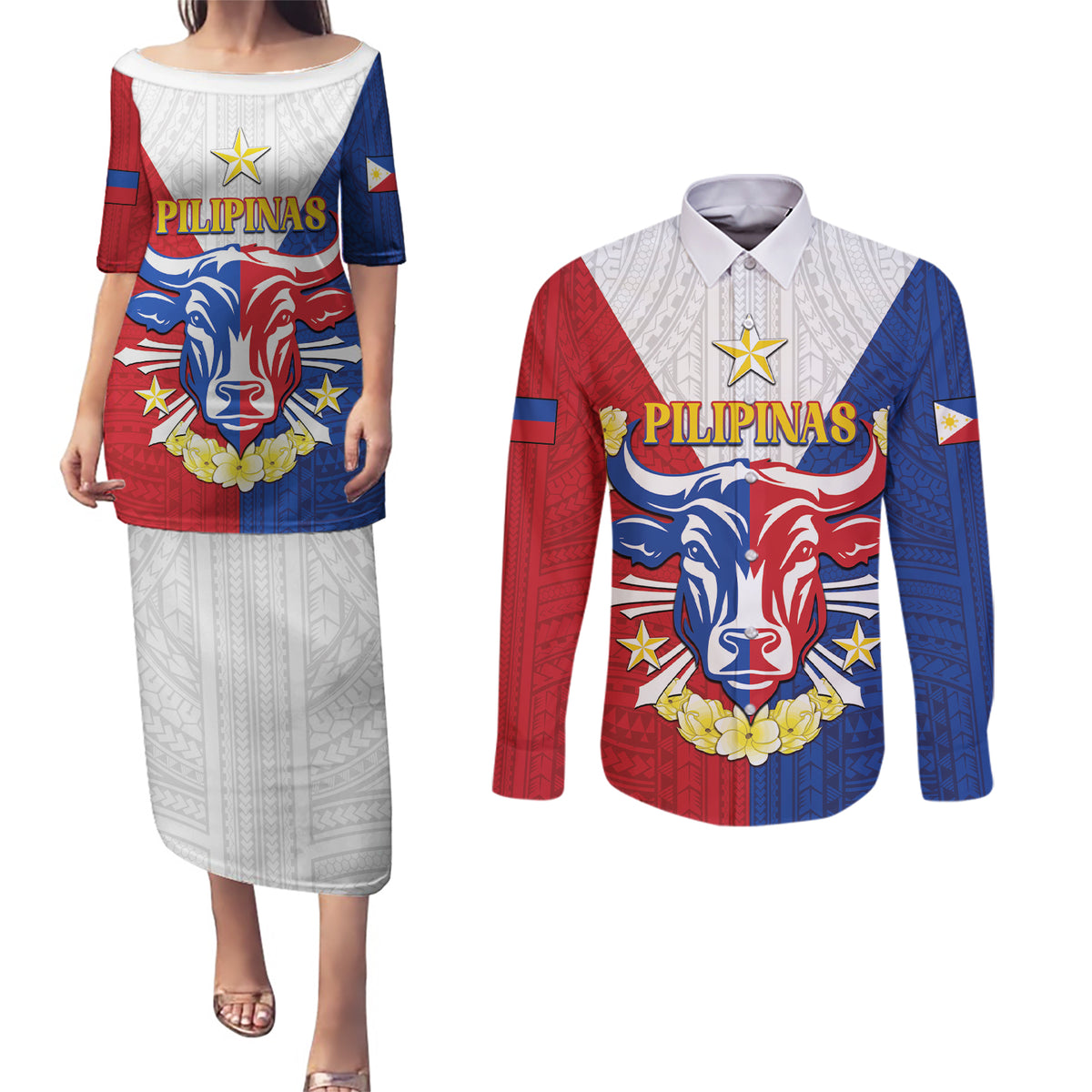 Personalised Philippines Independence Day Couples Matching Puletasi and Long Sleeve Button Shirt Maligayang Araw ng Kalayaan Filipino Carabao
