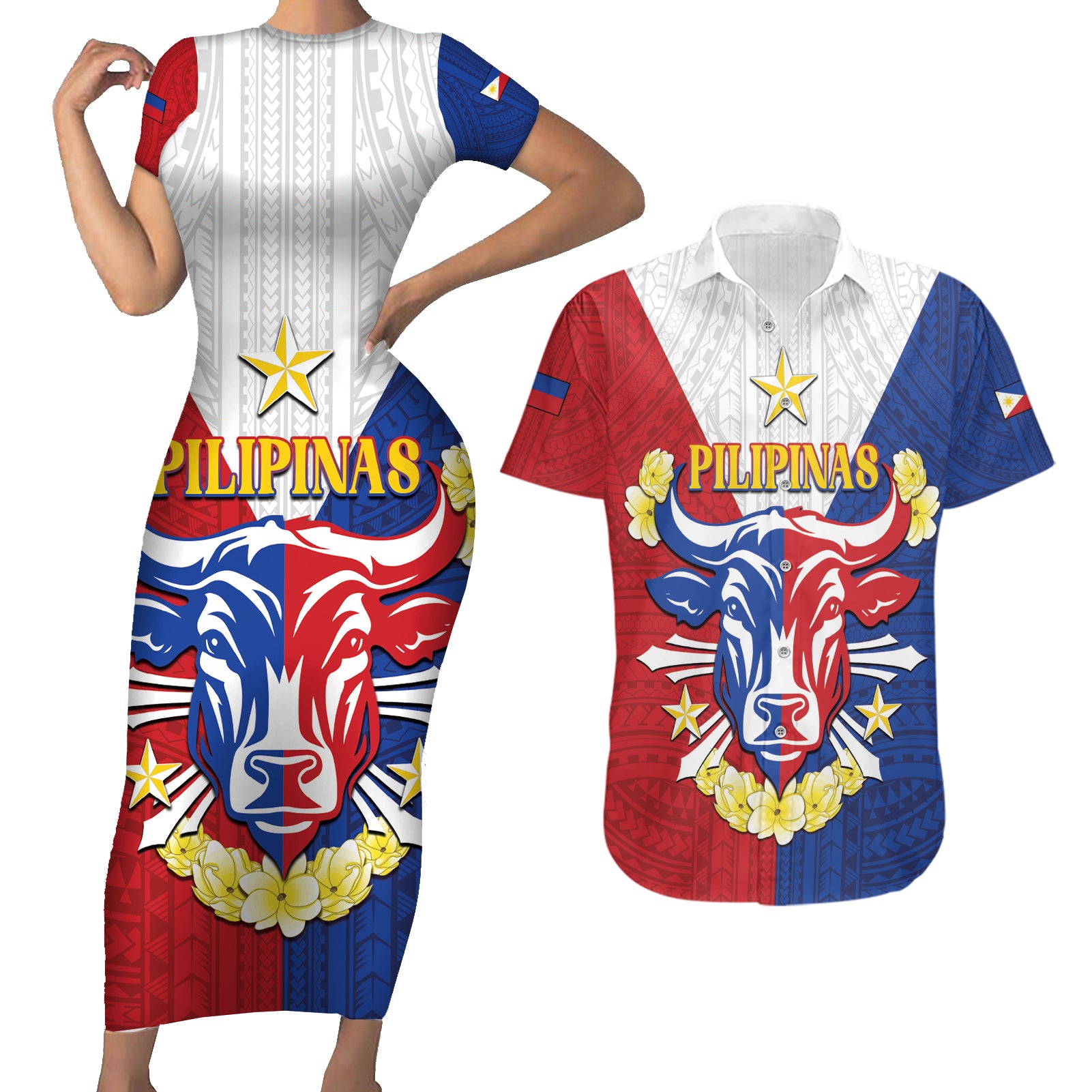 Personalised Philippines Independence Day Couples Matching Short Sleeve Bodycon Dress and Hawaiian Shirt Maligayang Araw ng Kalayaan Filipino Carabao