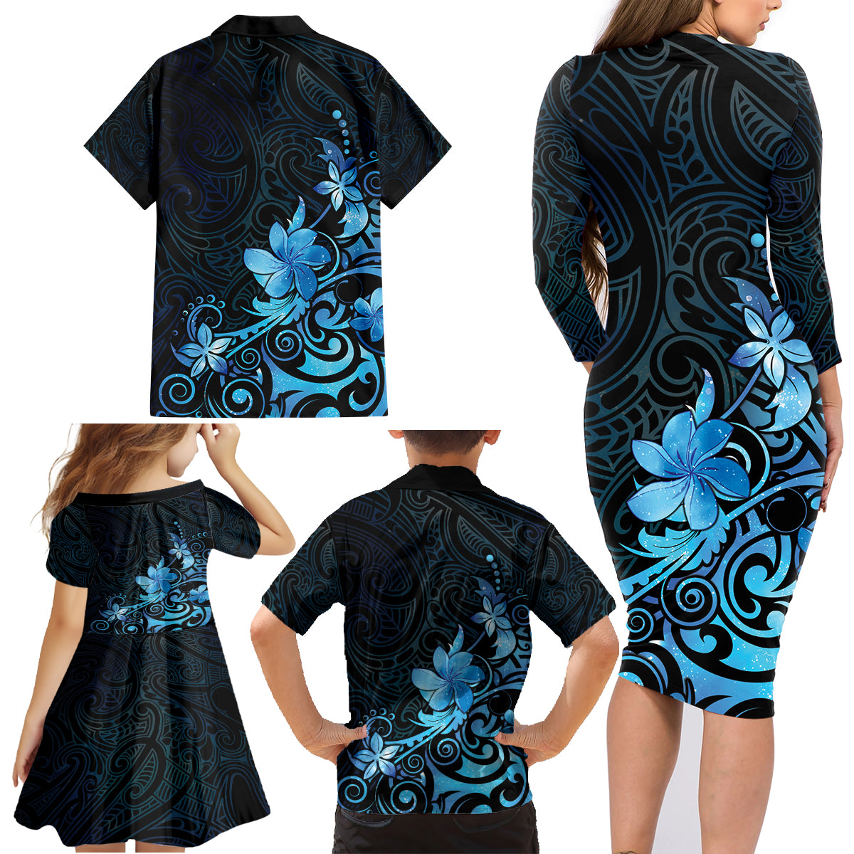 Matariki New Zealand Family Matching Long Sleeve Bodycon Dress and Hawaiian Shirt Maori Pattern Blue Galaxy LT05 - Polynesian Pride