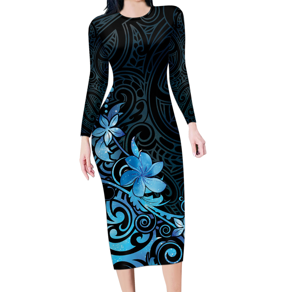 Matariki New Zealand Family Matching Long Sleeve Bodycon Dress and Hawaiian Shirt Maori Pattern Blue Galaxy LT05 Mom's Dress Blue - Polynesian Pride