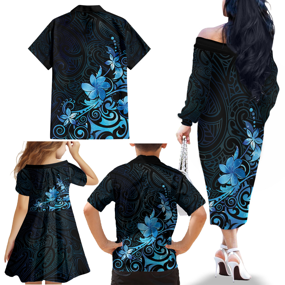 Matariki New Zealand Family Matching Off The Shoulder Long Sleeve Dress and Hawaiian Shirt Maori Pattern Blue Galaxy LT05 - Polynesian Pride