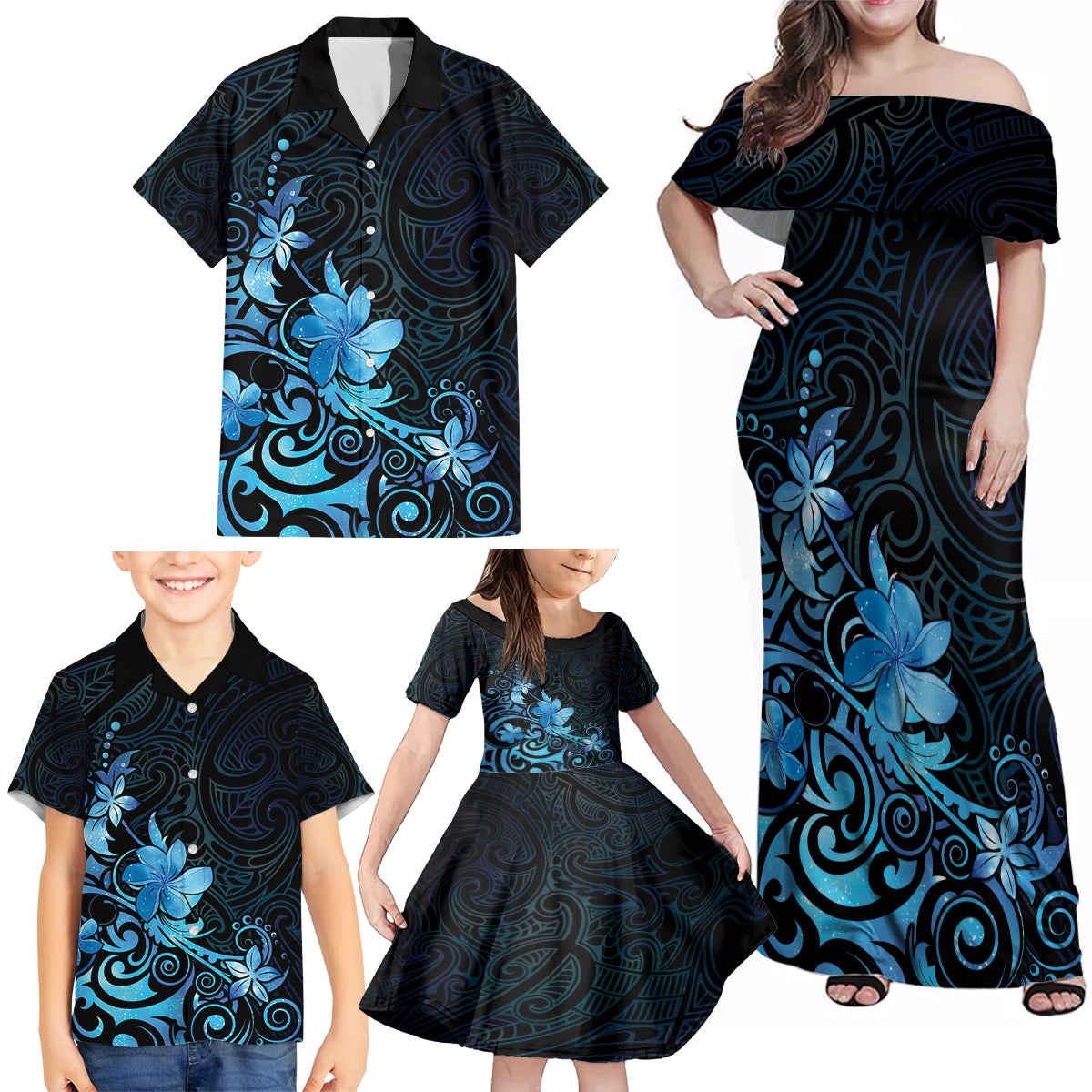 Matariki New Zealand Family Matching Off Shoulder Maxi Dress and Hawaiian Shirt Maori Pattern Blue Galaxy LT05 - Polynesian Pride