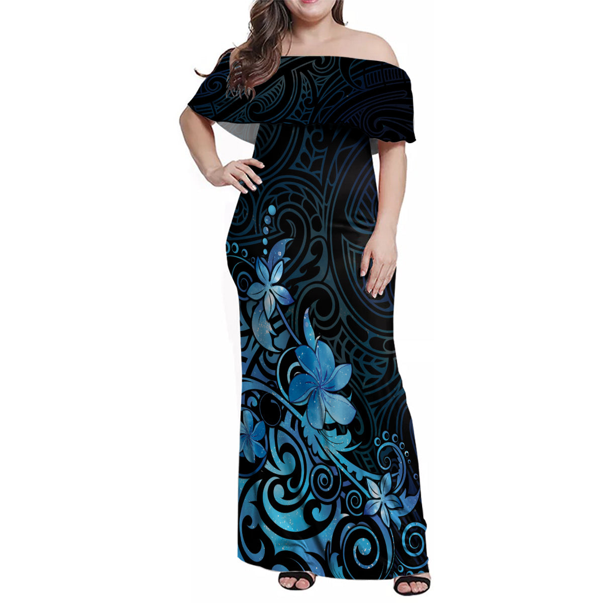 Matariki New Zealand Family Matching Off Shoulder Maxi Dress and Hawaiian Shirt Maori Pattern Blue Galaxy LT05 Mom's Dress Blue - Polynesian Pride