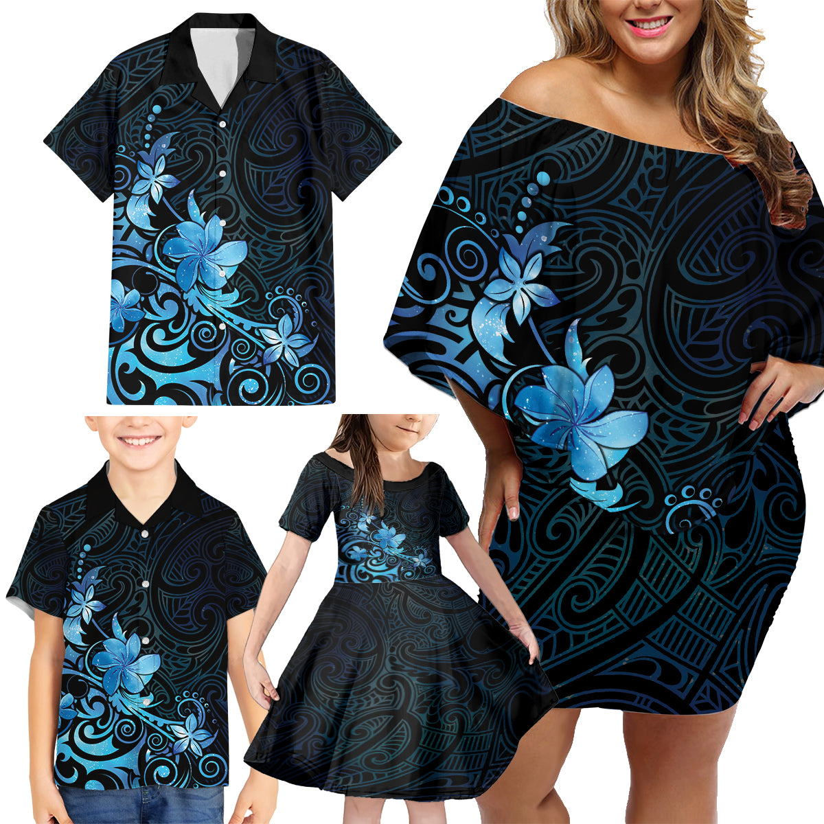 Matariki New Zealand Family Matching Off Shoulder Short Dress and Hawaiian Shirt Maori Pattern Blue Galaxy LT05 - Polynesian Pride