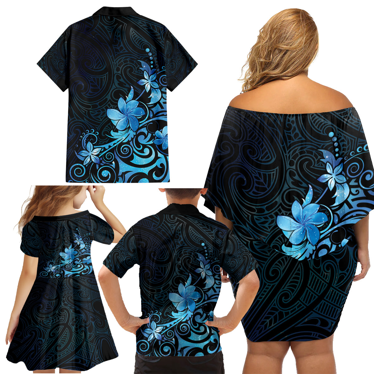 Matariki New Zealand Family Matching Off Shoulder Short Dress and Hawaiian Shirt Maori Pattern Blue Galaxy LT05 - Polynesian Pride
