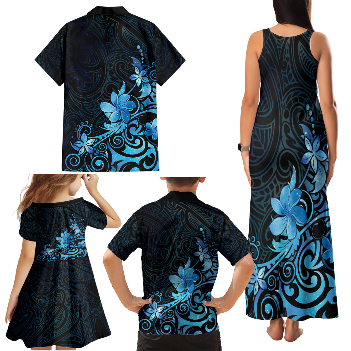 Matariki New Zealand Family Matching Tank Maxi Dress and Hawaiian Shirt Maori Pattern Blue Galaxy LT05 - Polynesian Pride
