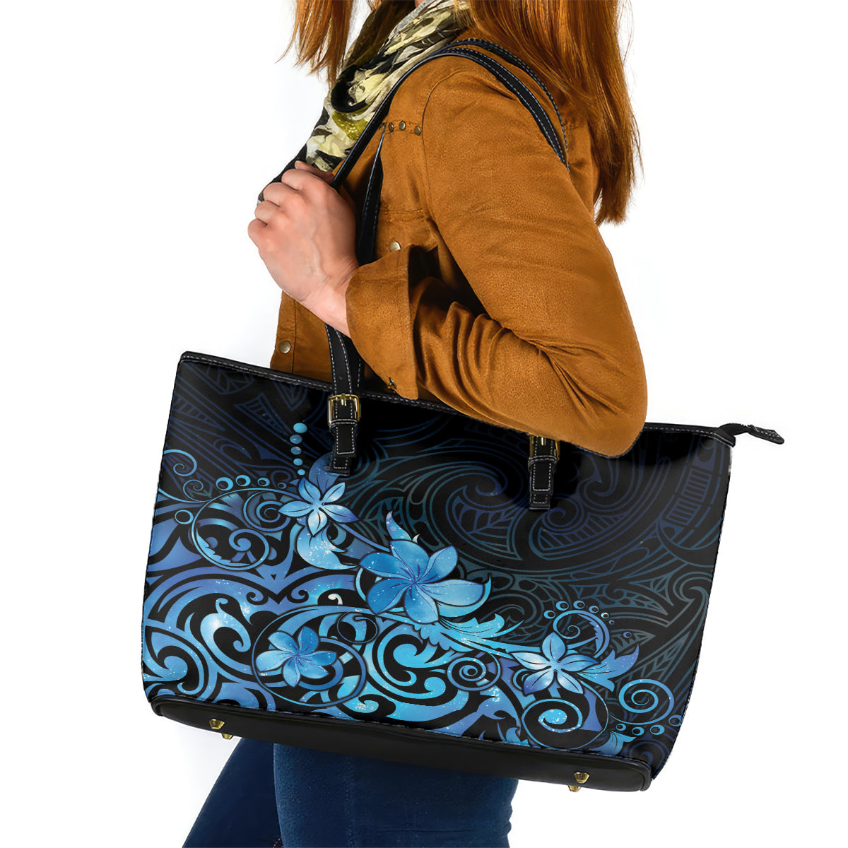 Matariki New Zealand Leather Tote Bag Maori Pattern Blue Galaxy