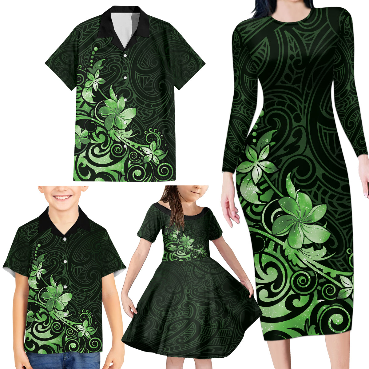 Matariki New Zealand Family Matching Long Sleeve Bodycon Dress and Hawaiian Shirt Maori Pattern Green Galaxy LT05 - Polynesian Pride