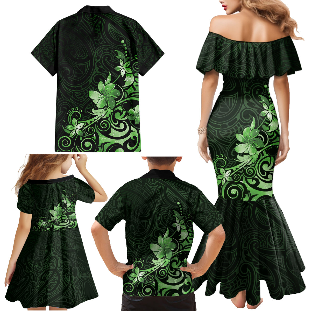 Matariki New Zealand Family Matching Mermaid Dress and Hawaiian Shirt Maori Pattern Green Galaxy LT05 - Polynesian Pride