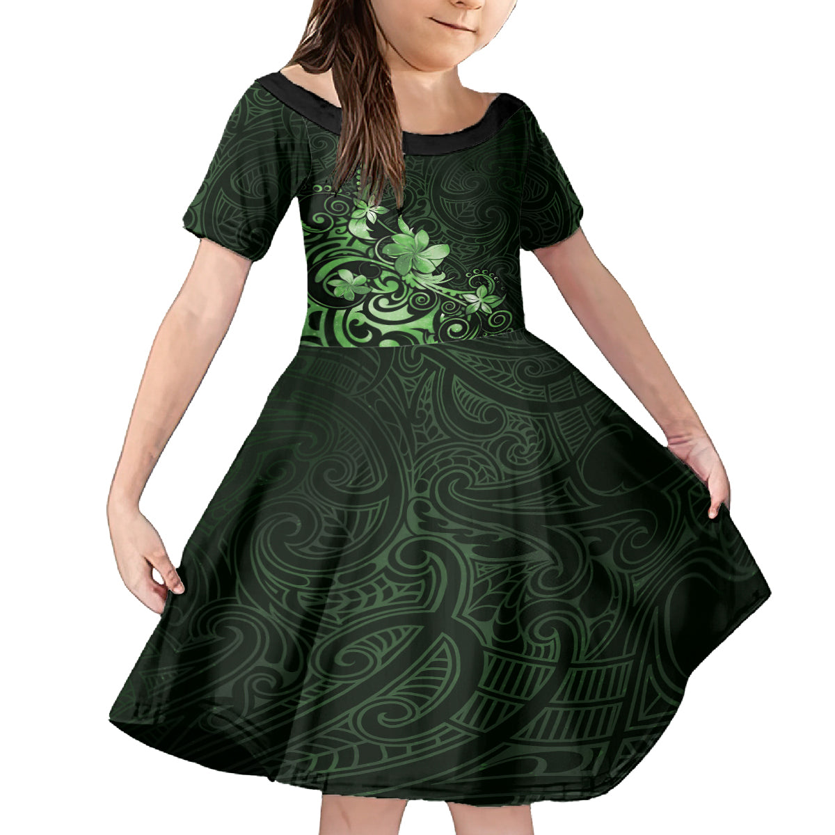 Matariki New Zealand Family Matching Off Shoulder Short Dress and Hawaiian Shirt Maori Pattern Green Galaxy LT05 Daughter's Dress Green - Polynesian Pride
