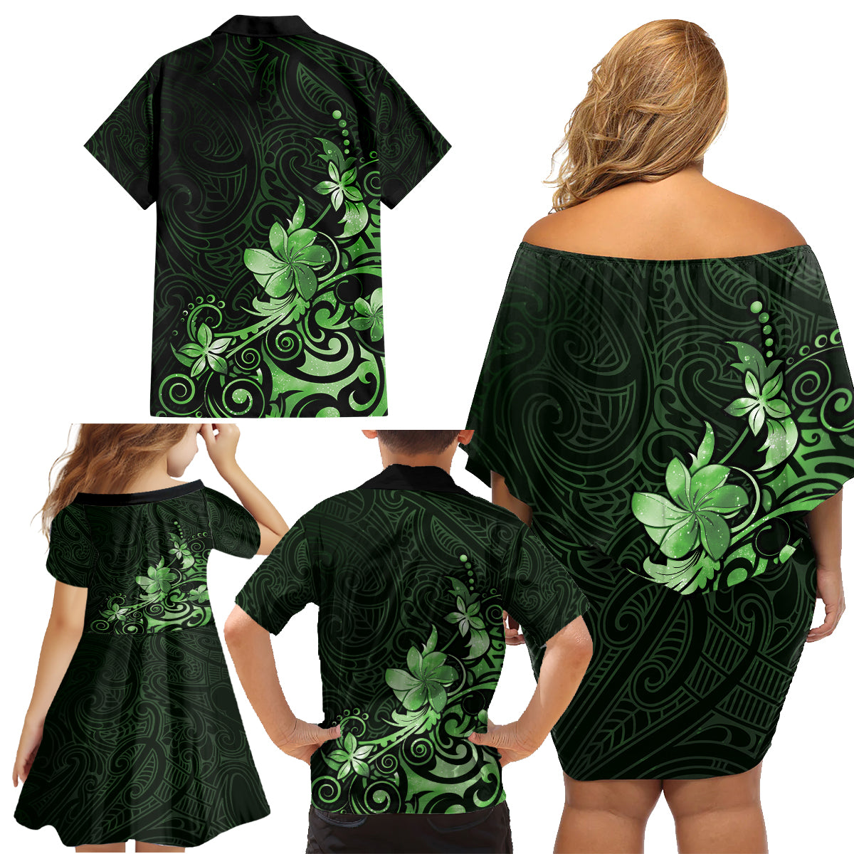 Matariki New Zealand Family Matching Off Shoulder Short Dress and Hawaiian Shirt Maori Pattern Green Galaxy LT05 - Polynesian Pride