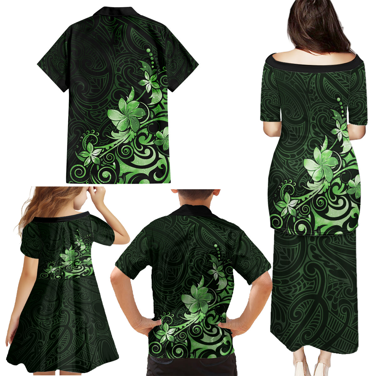 Matariki New Zealand Family Matching Puletasi and Hawaiian Shirt Maori Pattern Green Galaxy LT05 - Polynesian Pride