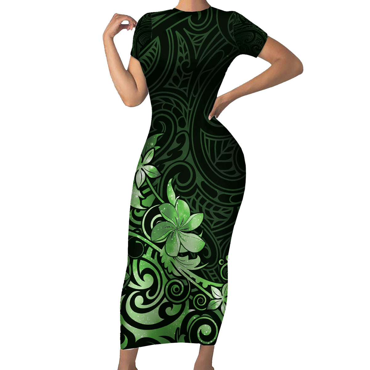 Matariki New Zealand Family Matching Short Sleeve Bodycon Dress and Hawaiian Shirt Maori Pattern Green Galaxy LT05 Mom's Dress Green - Polynesian Pride