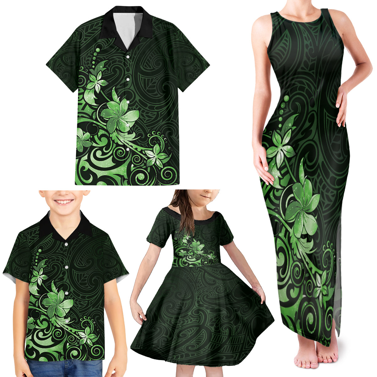 Matariki New Zealand Family Matching Tank Maxi Dress and Hawaiian Shirt Maori Pattern Green Galaxy LT05 - Polynesian Pride