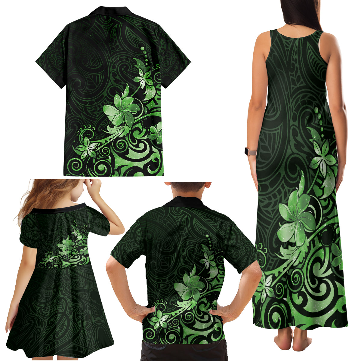 Matariki New Zealand Family Matching Tank Maxi Dress and Hawaiian Shirt Maori Pattern Green Galaxy LT05 - Polynesian Pride