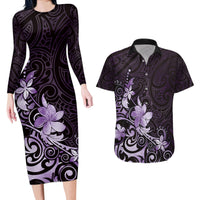 Matariki New Zealand Couples Matching Long Sleeve Bodycon Dress and Hawaiian Shirt Maori Pattern Purple Galaxy LT05 Purple - Polynesian Pride