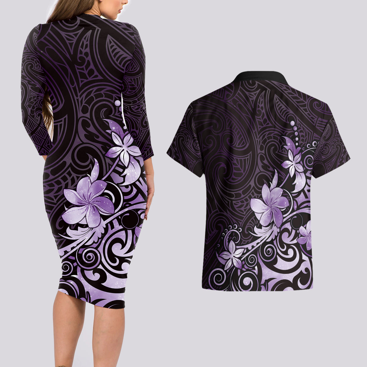 Matariki New Zealand Couples Matching Long Sleeve Bodycon Dress and Hawaiian Shirt Maori Pattern Purple Galaxy LT05 - Polynesian Pride
