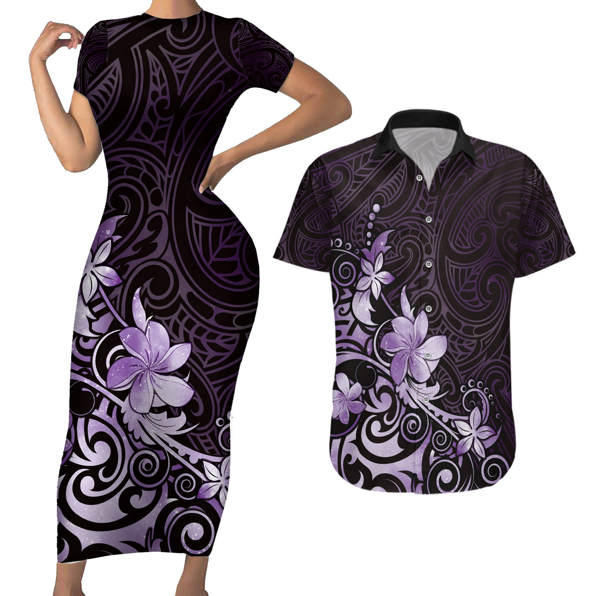 Matariki New Zealand Couples Matching Short Sleeve Bodycon Dress and Hawaiian Shirt Maori Pattern Purple Galaxy LT05 Purple - Polynesian Pride