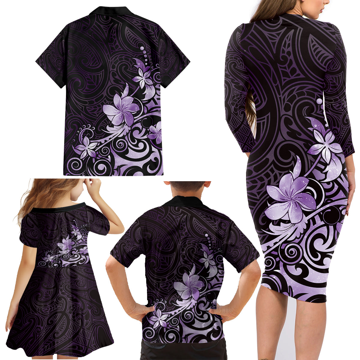 Matariki New Zealand Family Matching Long Sleeve Bodycon Dress and Hawaiian Shirt Maori Pattern Purple Galaxy LT05 - Polynesian Pride