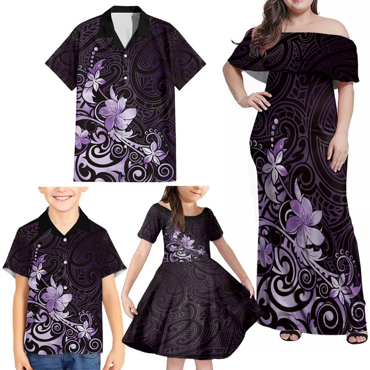 Matariki New Zealand Family Matching Off Shoulder Maxi Dress and Hawaiian Shirt Maori Pattern Purple Galaxy LT05 - Polynesian Pride