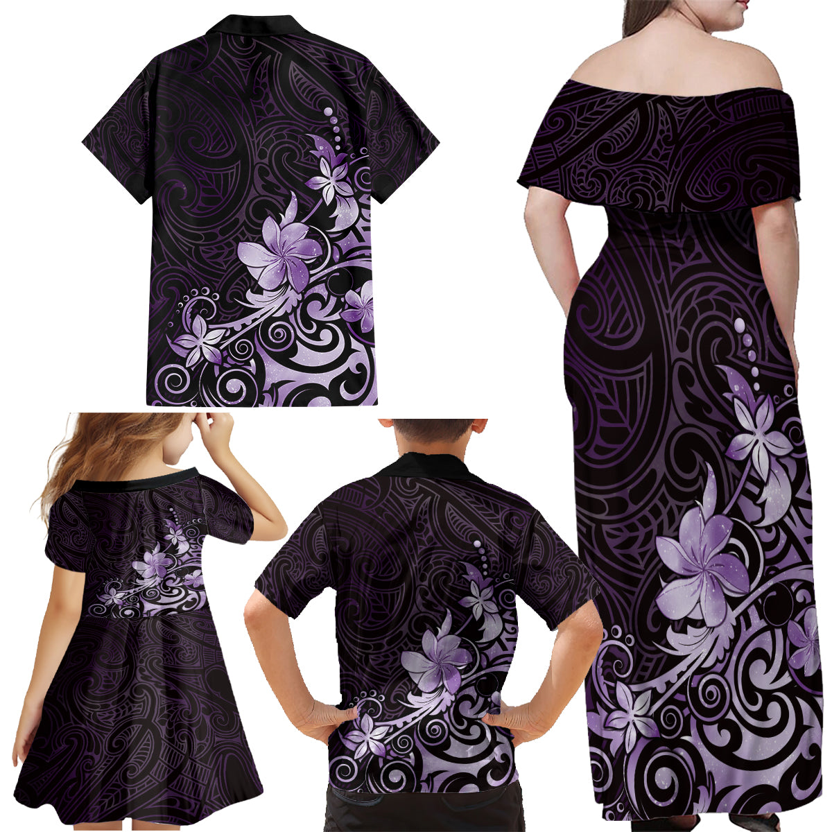 Matariki New Zealand Family Matching Off Shoulder Maxi Dress and Hawaiian Shirt Maori Pattern Purple Galaxy LT05 - Polynesian Pride