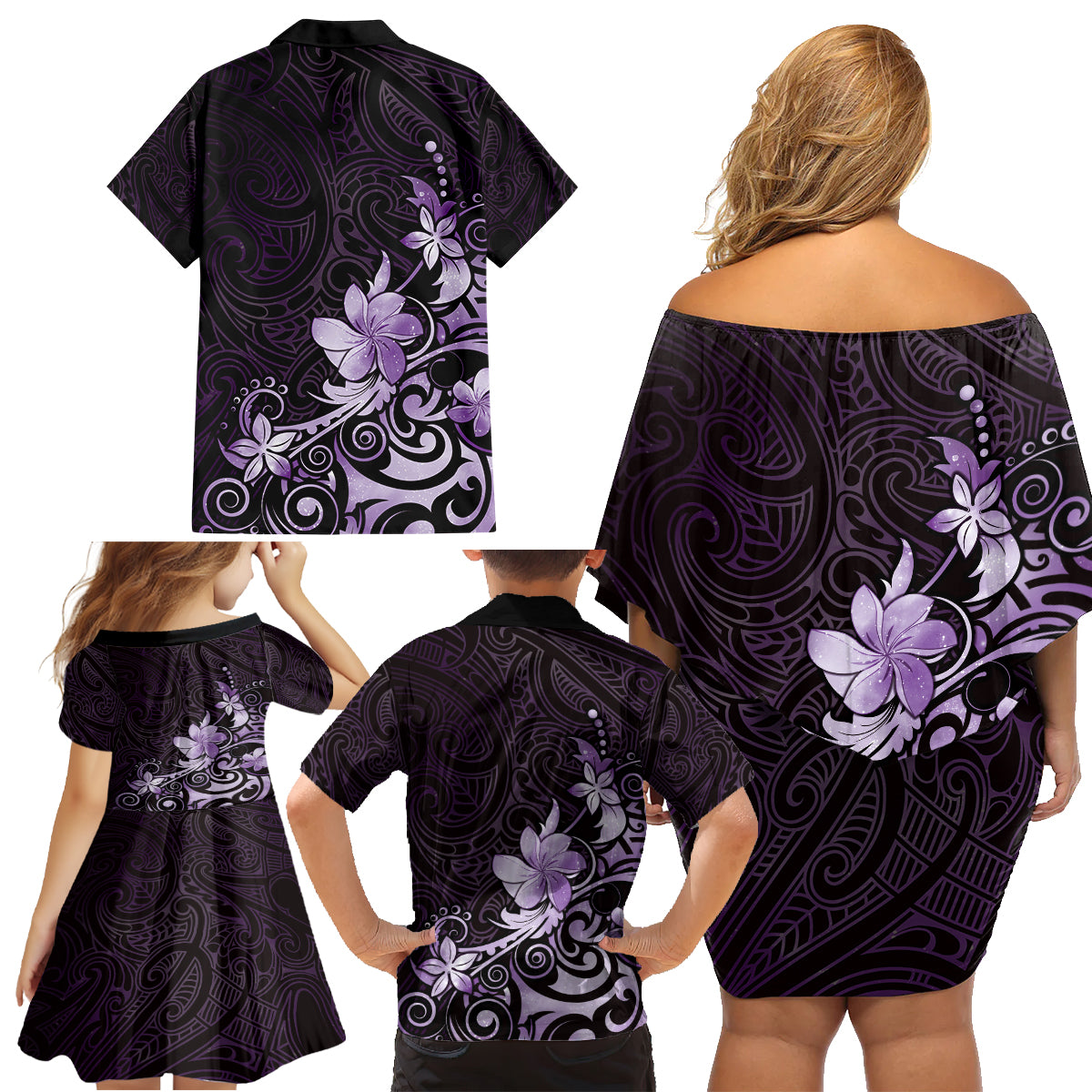 Matariki New Zealand Family Matching Off Shoulder Short Dress and Hawaiian Shirt Maori Pattern Purple Galaxy LT05 - Polynesian Pride