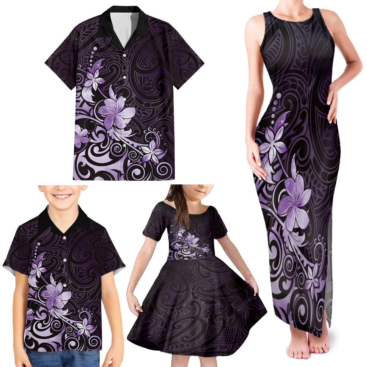 Matariki New Zealand Family Matching Tank Maxi Dress and Hawaiian Shirt Maori Pattern Purple Galaxy LT05 - Polynesian Pride