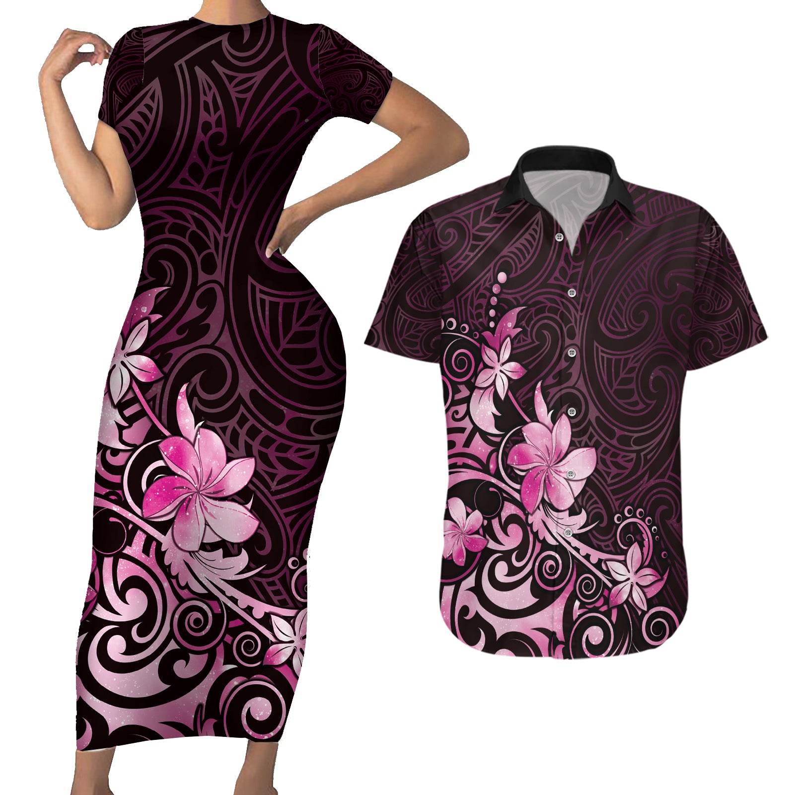 Matariki New Zealand Couples Matching Short Sleeve Bodycon Dress and Hawaiian Shirt Maori Pattern Pink Galaxy