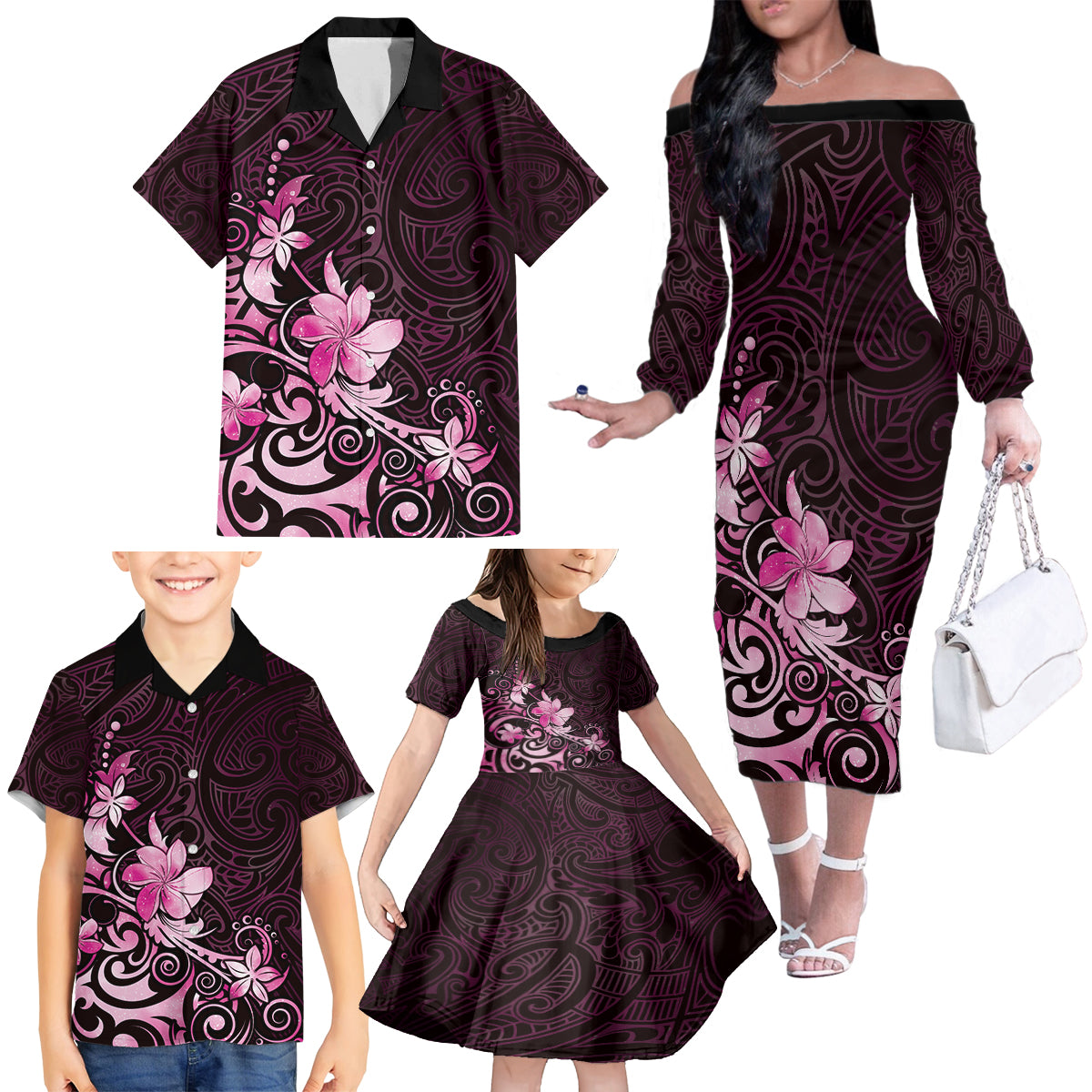 Matariki New Zealand Family Matching Off The Shoulder Long Sleeve Dress and Hawaiian Shirt Maori Pattern Pink Galaxy LT05 - Polynesian Pride