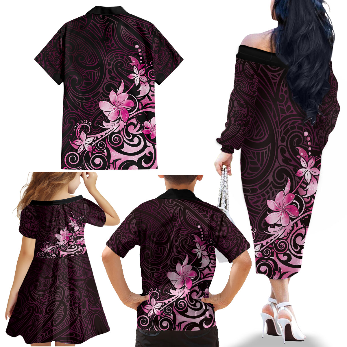 Matariki New Zealand Family Matching Off The Shoulder Long Sleeve Dress and Hawaiian Shirt Maori Pattern Pink Galaxy LT05 - Polynesian Pride