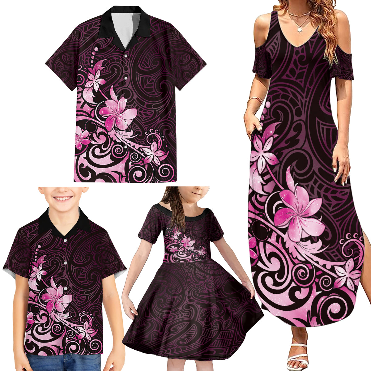 Matariki New Zealand Family Matching Summer Maxi Dress and Hawaiian Shirt Maori Pattern Pink Galaxy LT05 - Polynesian Pride