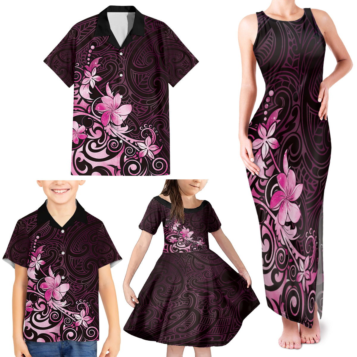 Matariki New Zealand Family Matching Tank Maxi Dress and Hawaiian Shirt Maori Pattern Pink Galaxy LT05 - Polynesian Pride