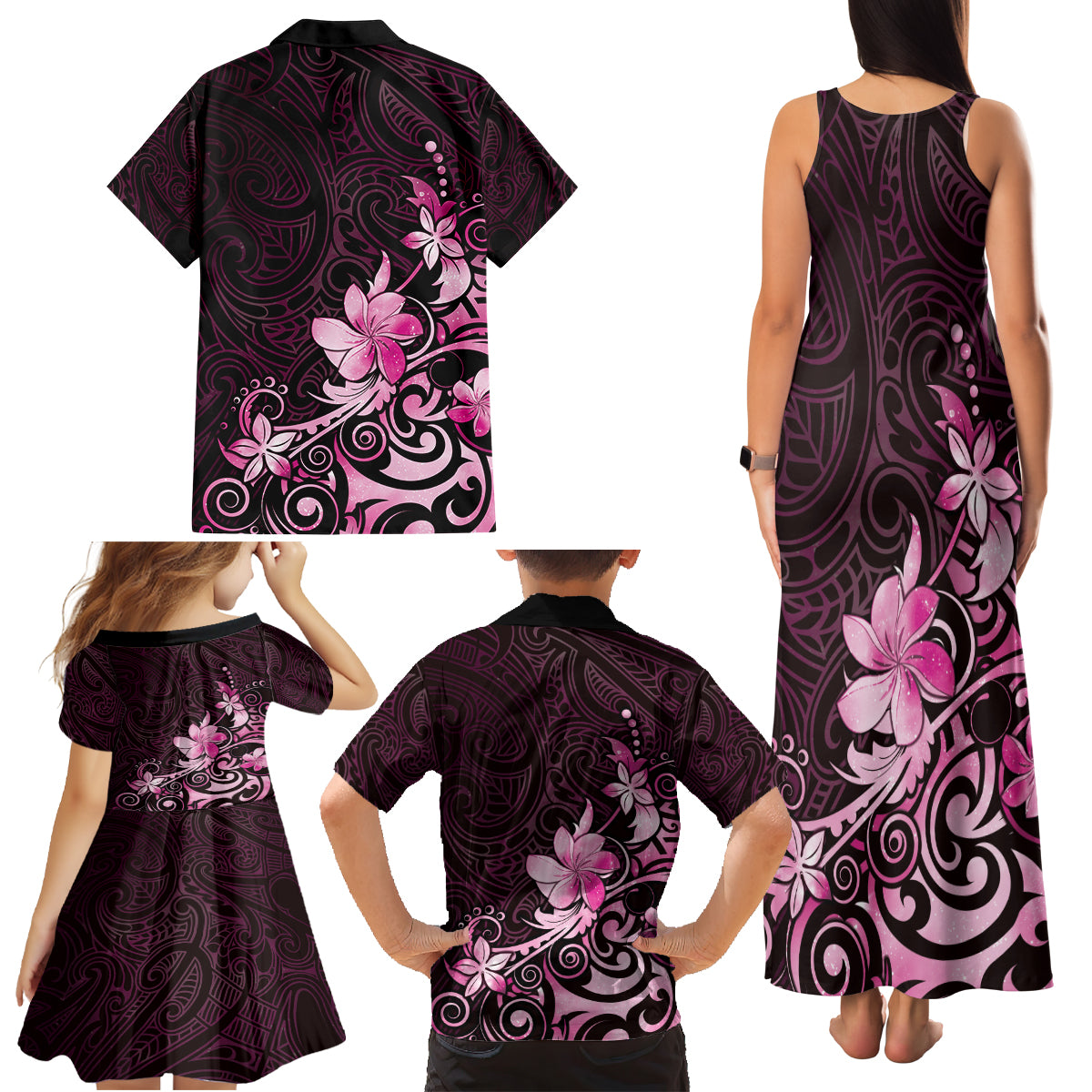 Matariki New Zealand Family Matching Tank Maxi Dress and Hawaiian Shirt Maori Pattern Pink Galaxy LT05 - Polynesian Pride